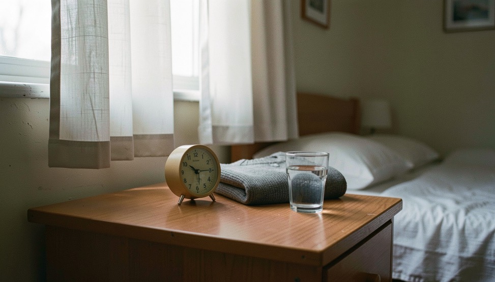 A small alarm clock on a bedside table in a student room at dawn, curtain slightly open, a folded jumper and a glass of water beside it, cold morning light.