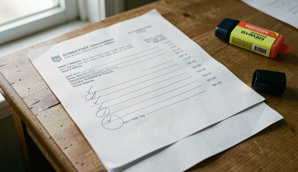 A printed bank statement on a table with several lines ticked in pen and three lines circled, a highlighter uncapped beside it, flat daylight from a window on the left.