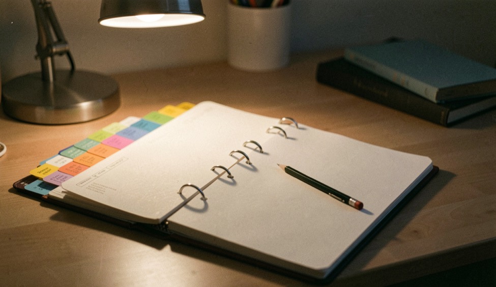 A ring binder opened flat with coloured section tabs fanned out under a desk lamp, a pencil across the page, warm light from the left.