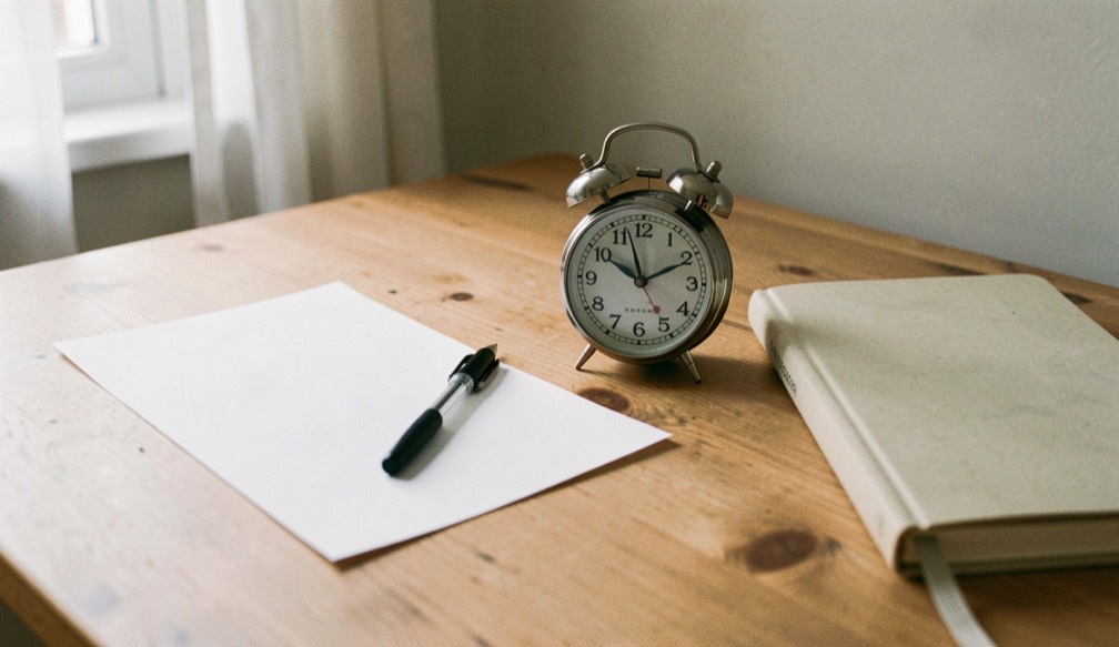 An empty sheet of A4 paper, a capped pen and a small kitchen timer set at twenty five minutes on a bare wooden desk, the notebook closed and face down beside them, morning light from the left.