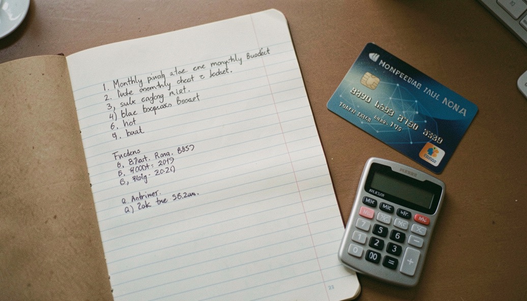 A ruled notebook page filled with a handwritten monthly budget, a small calculator and a bank card beside it on a table, overhead shot in soft light.
