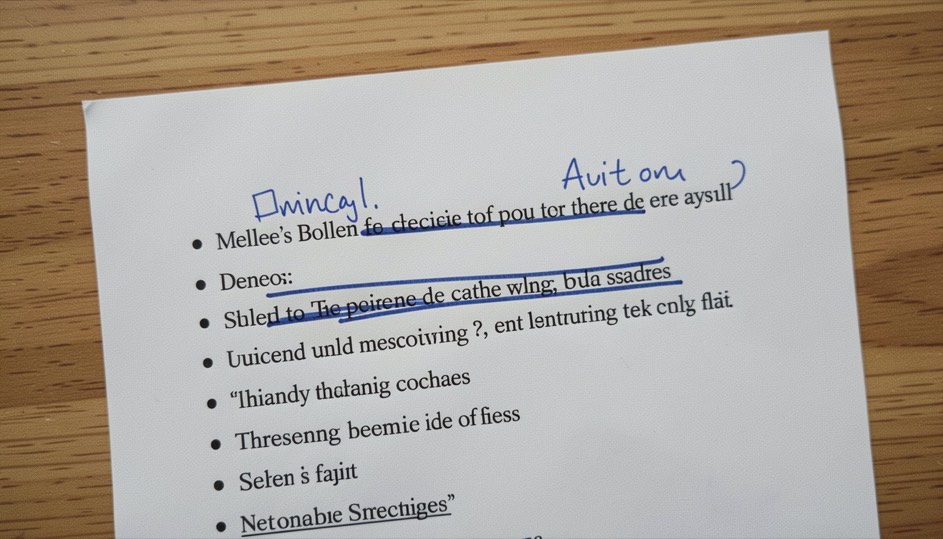 A printed page of bullet points with three lines struck through in blue pen and short replacement phrases written above them in the gaps, close overhead framing, flat daylight.