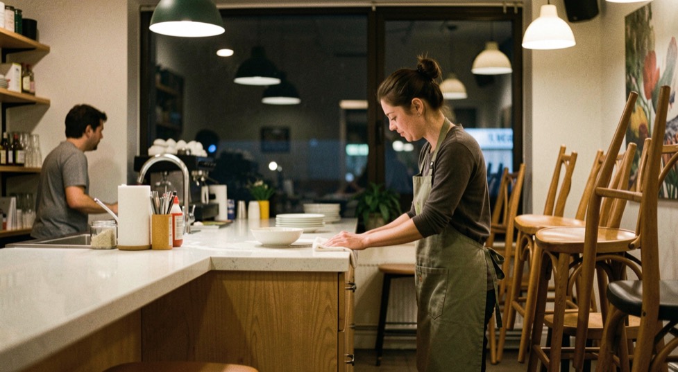 A person in an apron wiping down a cafe counter in the evening with the chairs already stacked, warm interior light against a dark window, seen from across the room.