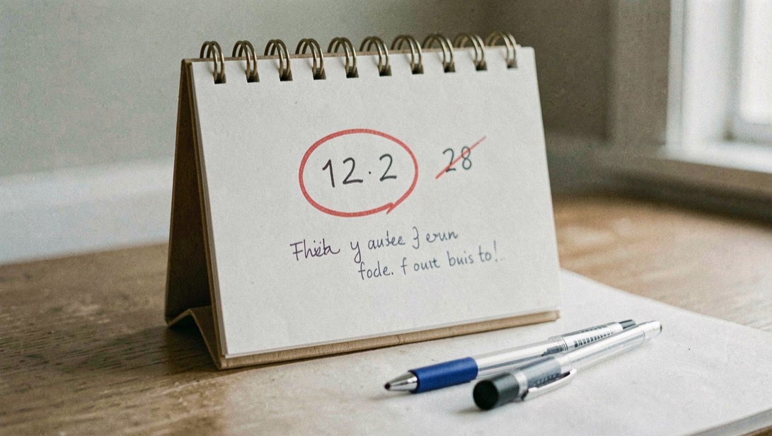 A desk calendar with one date circled in red pen and a short handwritten note beneath it, two earlier dates ticked, a pen lying across the page, flat daylight.