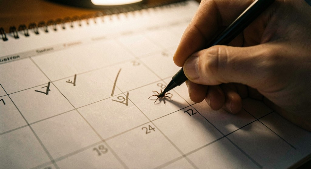 A hand marking a small tick in a calendar square with a fine black pen, several earlier squares already ticked in a row, close framing under warm lamp light.