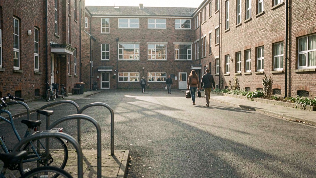A paved courtyard between brick teaching buildings early in the morning, a few people walking with bags, long shadows and bicycle racks in the foreground.