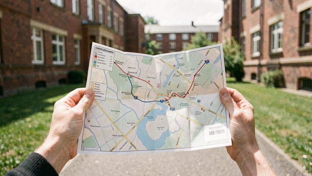 A folded paper campus map held open in two hands with a route traced in pen, brick buildings and a path out of focus behind, bright morning light.