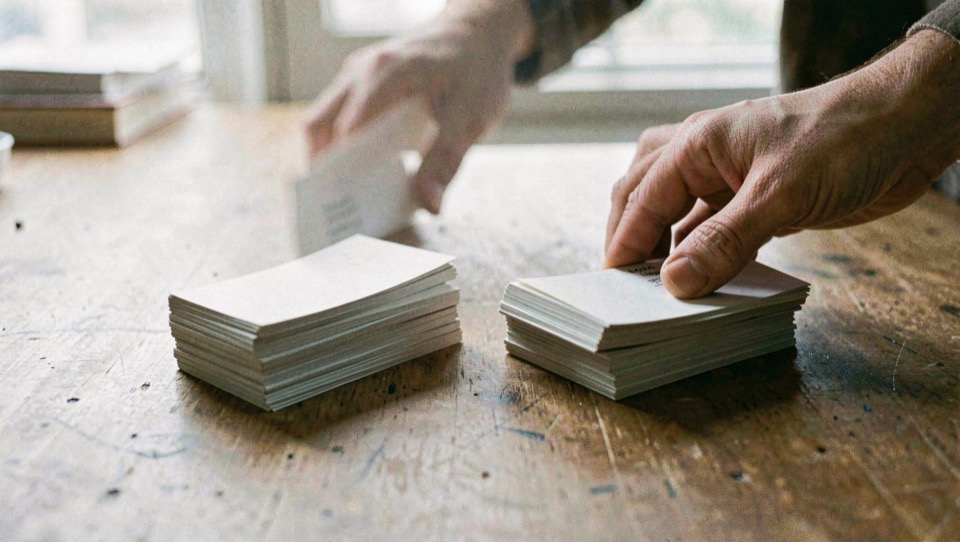 Index cards being sorted into two uneven piles on a table, one hand placing a card on the smaller pile, cards face down in both stacks, flat daylight from above.