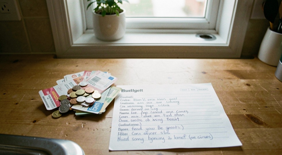 Coins, a small stack of supermarket receipts and a handwritten budget page on a kitchen table, morning light from a window behind, seen from above.
