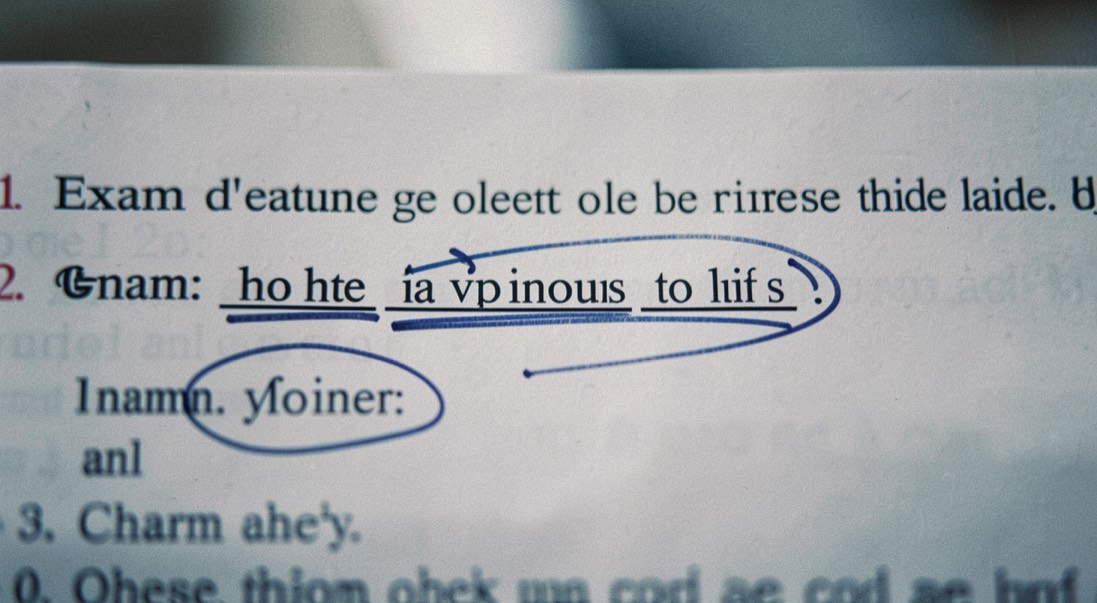An exam question printed on paper with a single verb underlined twice in pen and two short words circled, very close framing, cool even light.
