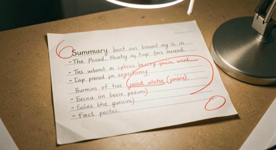 A handwritten summary sheet with additions and corrections written in red between the blue lines, two dashes in the margin circled, close framing under a desk lamp.