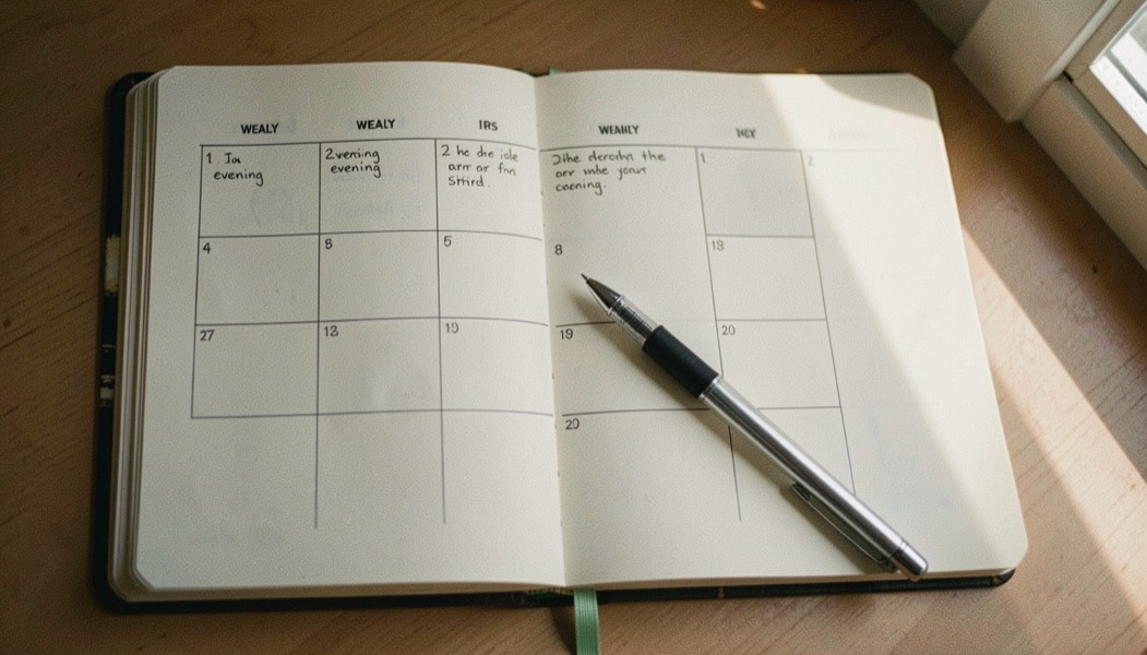 An open paper diary showing one week with only two evening entries written in and the rest of the boxes deliberately empty, a pen laid diagonally across the page, soft daylight from the right.