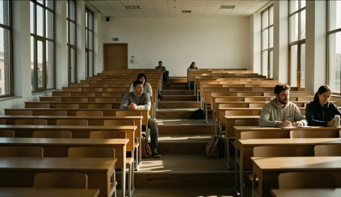 A large tiered lecture hall almost empty early in the morning, three people seated near the front, low sunlight falling across the rows of desks from tall side windows.