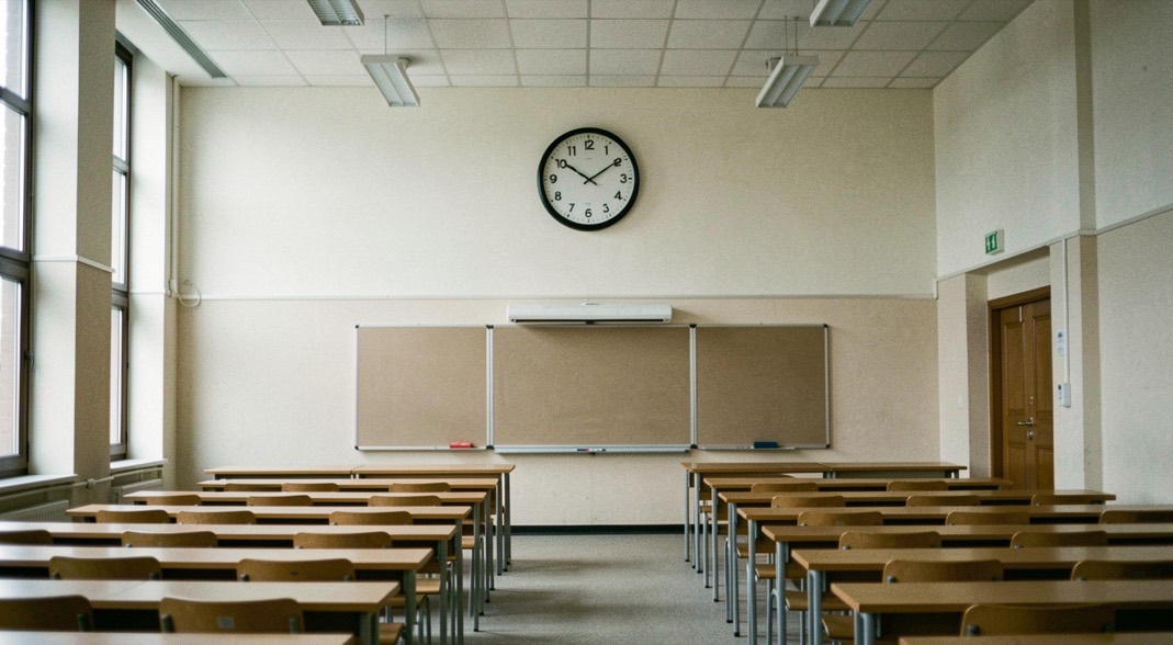 A plain round wall clock high on the wall of a large empty hall with rows of desks below, cool overhead lighting, shot from the back of the room.