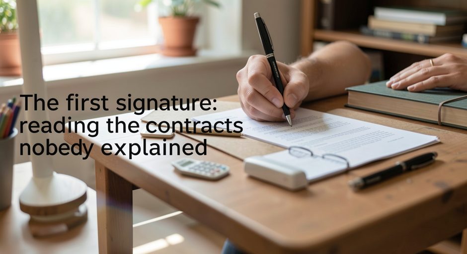 A multi-page agreement open on a table with a pencil and a strip of sticky flags marking clauses, reading glasses folded beside, quiet daylight.