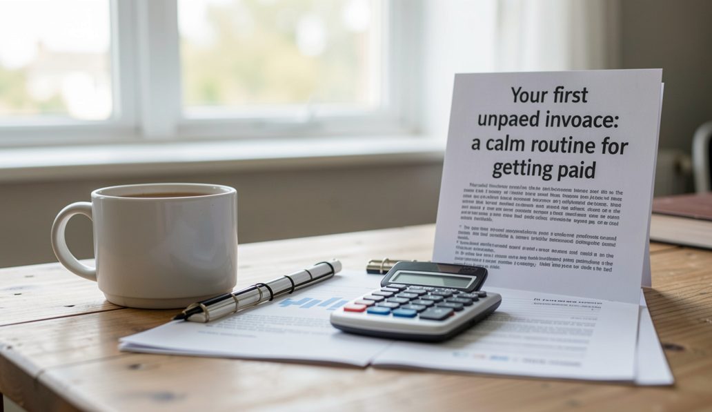 A printed invoice on a desk with a paperclip holding a delivery note behind it, a calculator and a pen beside, flat window light.