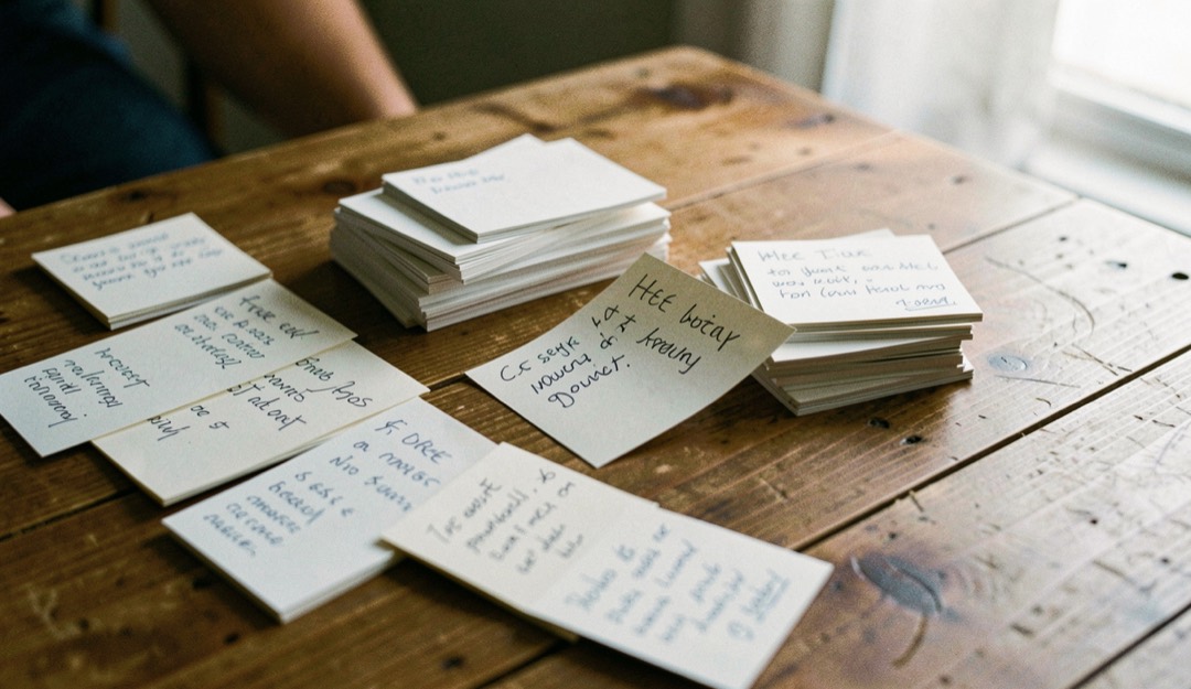 Handwritten flashcards spread across a wooden table in two uneven piles, one card turned face up, soft afternoon light from the right.
