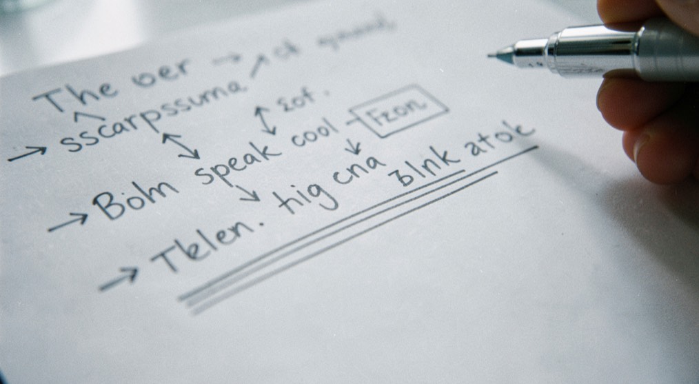 A close view of handwritten notes using arrows, abbreviations and small boxed keywords, one line underlined twice, pen resting on the page, cool daylight from a window.