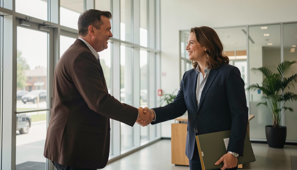 Two people shaking hands in a bright office lobby, one carrying a folder, glass wall behind them reflecting daylight, waist up framing.