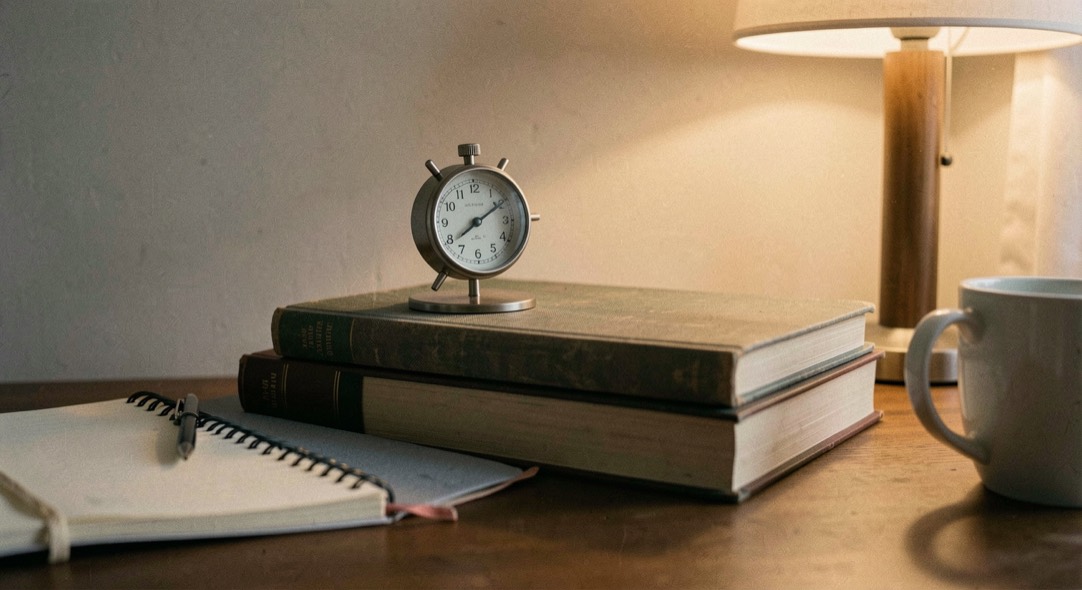 A small mechanical kitchen timer standing on a stack of two closed textbooks beside a notepad, a mug just out of frame, warm evening lamp light from the right.