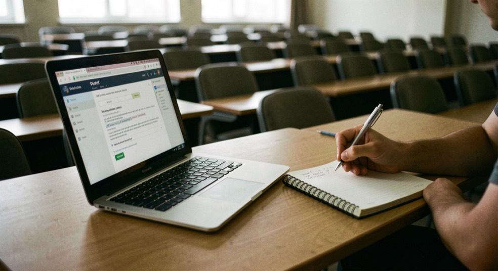 An open laptop and a paper notebook side by side on a lecture hall desk, a hand writing on the paper, rows of seats blurred behind, dim room light.