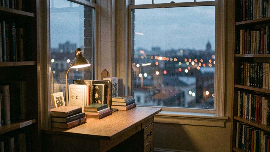 A single study carrel by a tall library window in the late evening, books stacked upright, city lights outside, warm desk lamp against blue dusk.