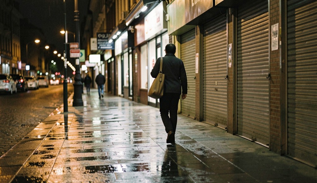A person walking alone along a wet pavement at night with a bag over one shoulder, streetlights reflecting on the ground and shop shutters closed behind, long shot from behind.
