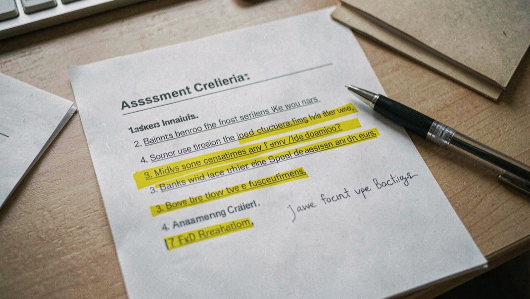 A printed page of assessment criteria on a desk with three lines highlighted in yellow and a note written in the margin, a pen resting across the sheet, flat daylight from above.