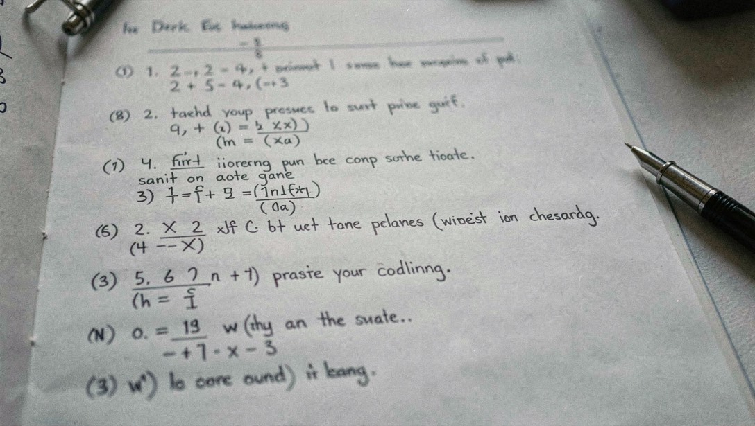 A handwritten worksheet where numbered problems of visibly different types alternate down the page, some with equations and some with short written prompts, pen resting in the margin, cool daylight.