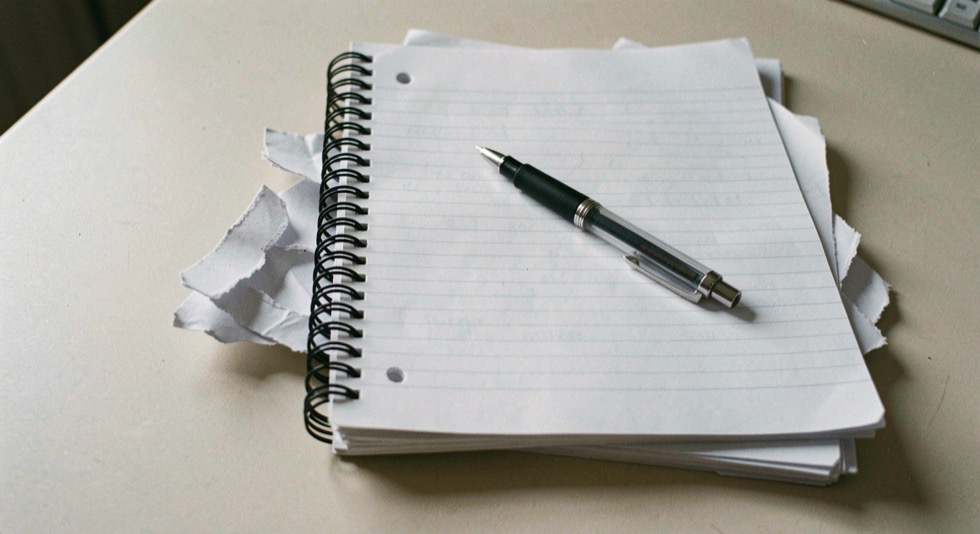 A spiral notebook with several torn out pages beside it, crumpled edges visible, a pen on top of the fresh page, plain desk surface in flat daylight.