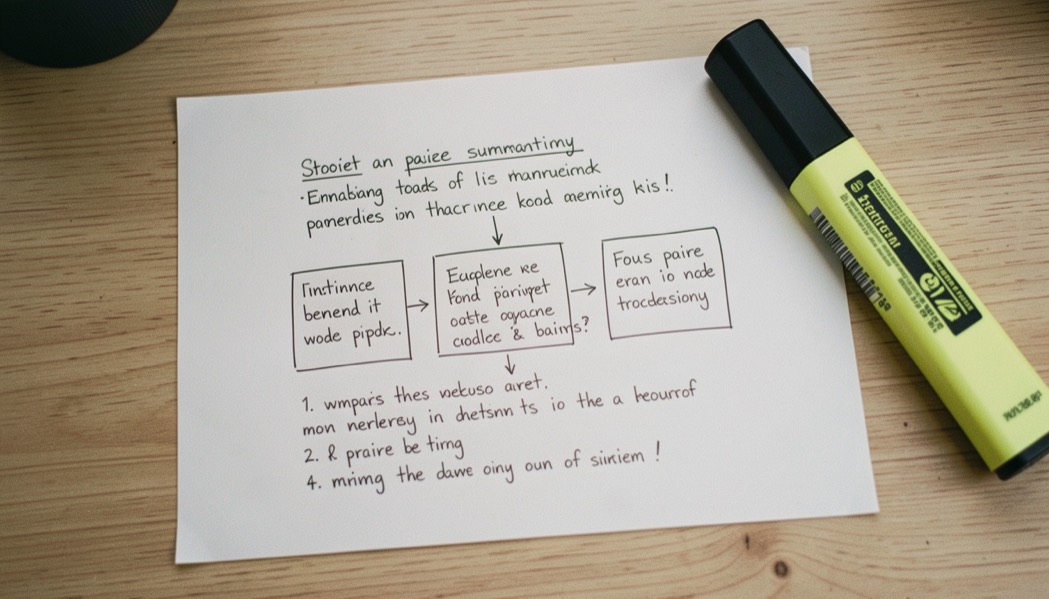 A single sheet of paper covered with a handwritten summary in small letters, arrows linking three boxes, a highlighter lying across the corner, overhead shot in soft daylight.