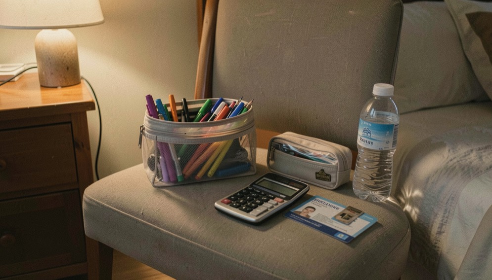 A small bag packed on a bedroom chair with pens, a clear pencil case, a calculator, a water bottle and an identity card laid out beside it, warm bedside light in the evening.