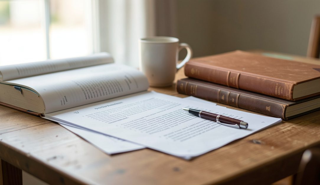 A laptop on a desk showing a grid of small artwork thumbnails, a handwritten numbered list on a sheet of paper beside it, soft window light, close over the shoulder.