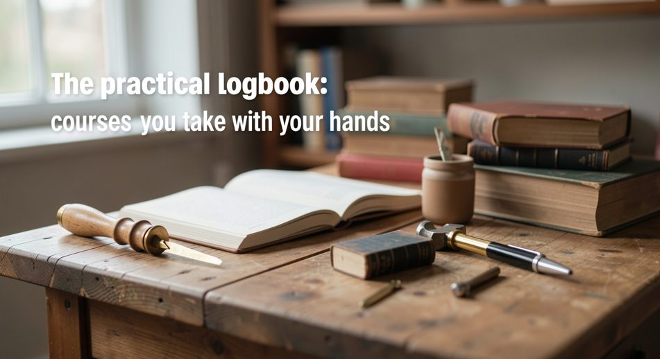 A hardback notebook open on a workshop bench beside a pencil, a ruler and a few wood shavings, a dated entry half written, warm worklight from above.