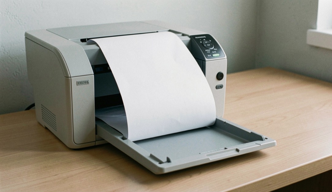 A single sheet of paper emerging from the tray of a small office printer, the rest of the tray empty, plain desk and a wall behind, cool indoor light.