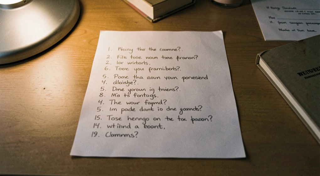 A blank sheet of paper filling with a numbered list of handwritten questions, the source notebook closed and pushed to the side of the desk, warm lamp light from the left.