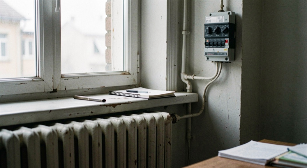 A close view of an old radiator under a window next to a wall mounted meter with a row of dials, a notebook and pen resting on the windowsill, cold grey daylight.