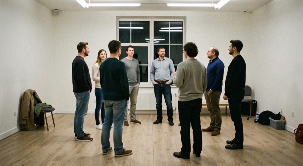 Eight people standing in a loose circle in a plain rehearsal room in the evening, coats piled on a chair in the corner, strip lighting overhead and a dark window behind.