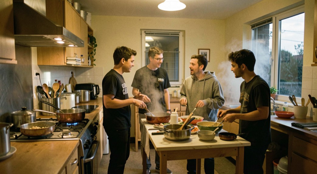 A shared student kitchen in the evening with four people cooking and talking around a small table, mismatched pans on the hob, warm ceiling light and steam near the window.