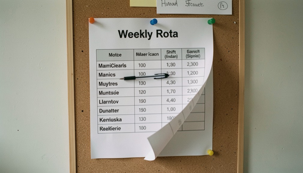A printed weekly rota pinned to a staff noticeboard with names and shift times in a grid, one row marked with a pen, a corner curling away from the board, plain indoor lighting.