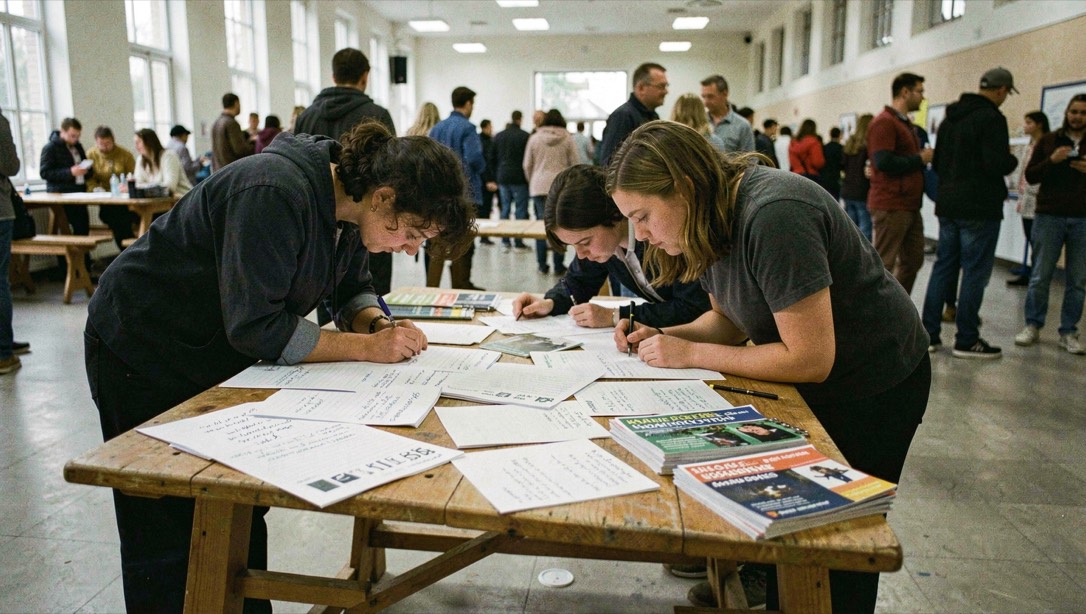 A trestle table in a busy hall covered with handwritten sign up sheets and a stack of leaflets, two students leaning over to write, bright hall lighting and a crowd blurred behind.