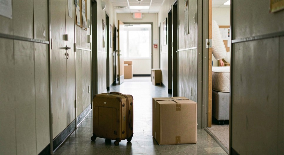 Two suitcases and a cardboard box in a narrow student hallway on move in day, an open door showing a bare mattress, natural light from the end of the corridor.