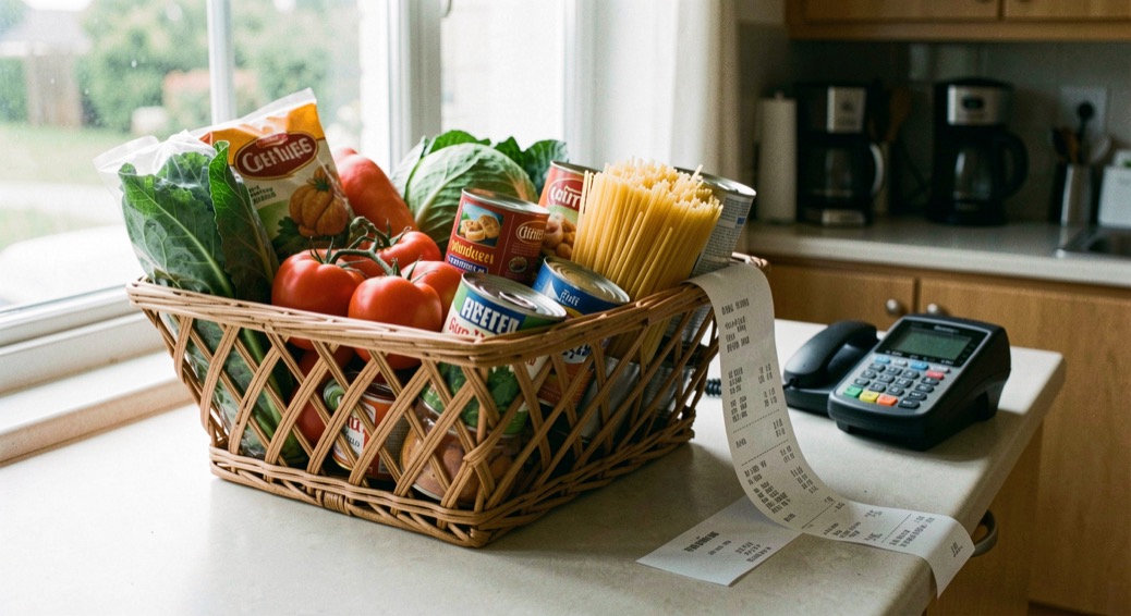 A supermarket basket on a kitchen counter with vegetables, pasta and tinned goods packed tightly, a long till receipt curling beside it, cool afternoon light through a window.