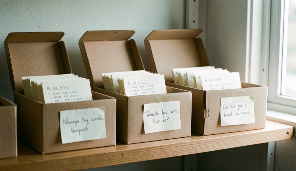 Three open shoeboxes on a shelf holding upright index cards at different fill levels, handwritten paper labels taped to the front of each, soft daylight from a window on the right.