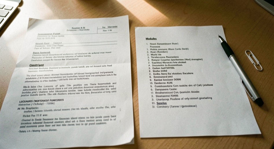 A printed academic transcript and a short typed list of modules lying side by side on a desk with a pen and a paper clip, plain daylight from the left.