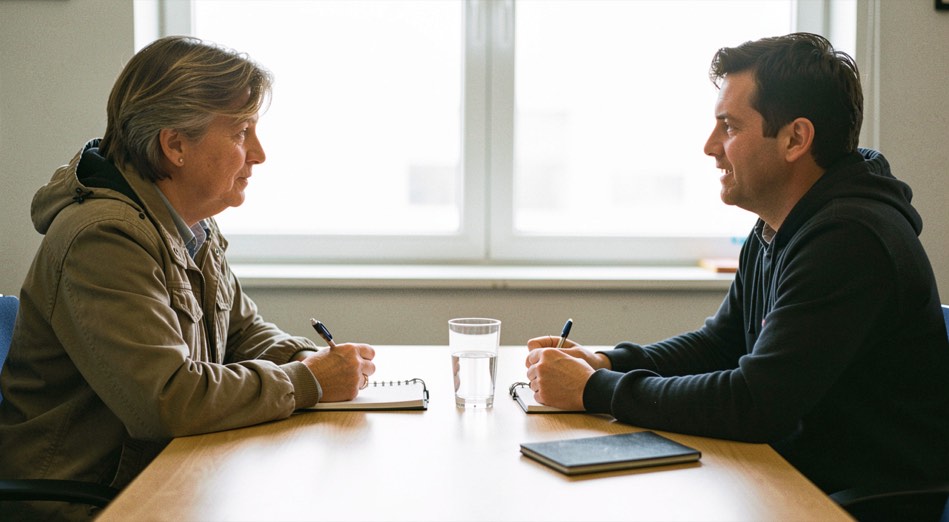 Two people talking across a small meeting table, one taking notes on a pad, a glass of water between them, bright window light behind.