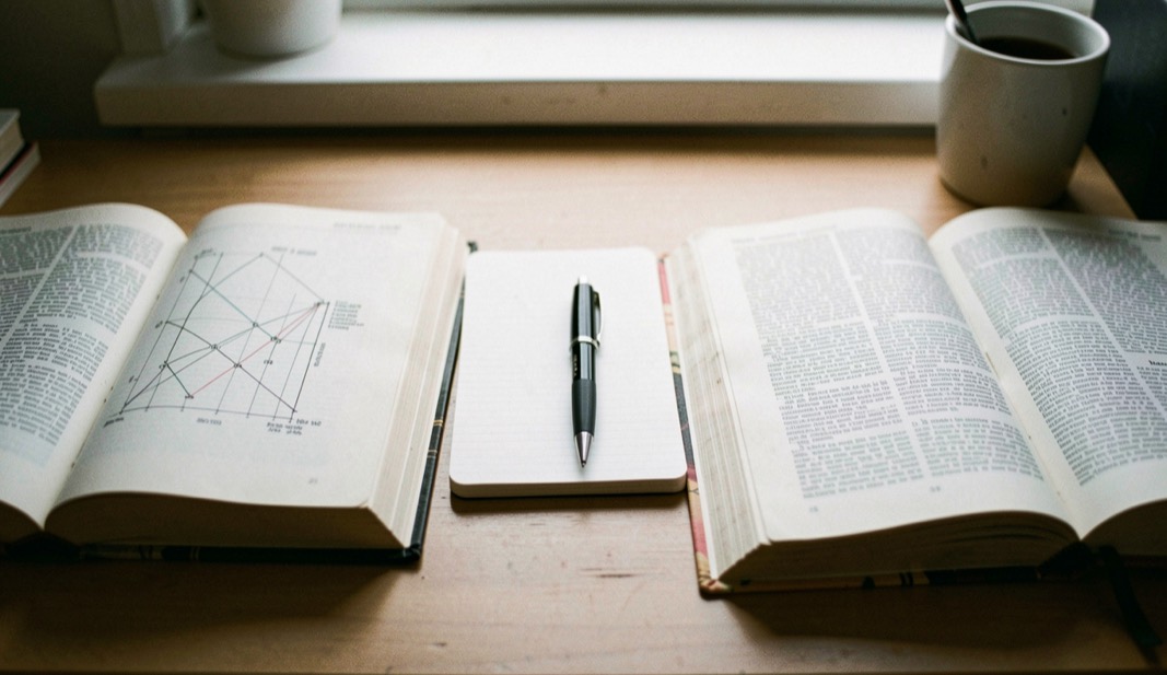 Two thick textbooks lying open side by side on a desk, one showing a diagram and the other a page of dense text, a notebook between them with a pen laid across it, even daylight from above.