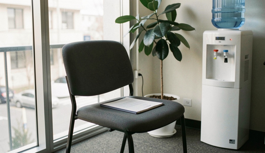 A single chair in a quiet office waiting area with a slim document folder resting on the seat, a water cooler and a plant nearby, soft daylight through a glass partition.